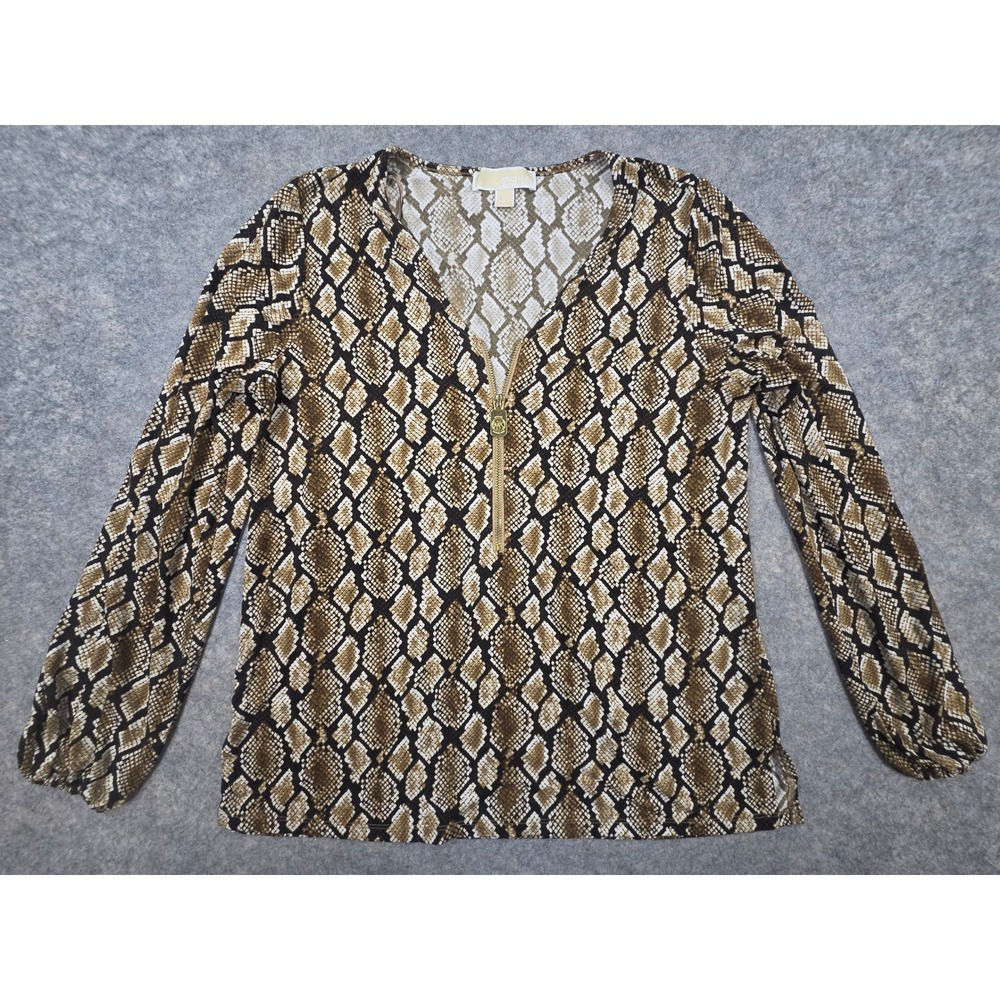 Michael Kors Snakeskin Print Zip V-Neck Blouse Brown Tan Medium Shirt